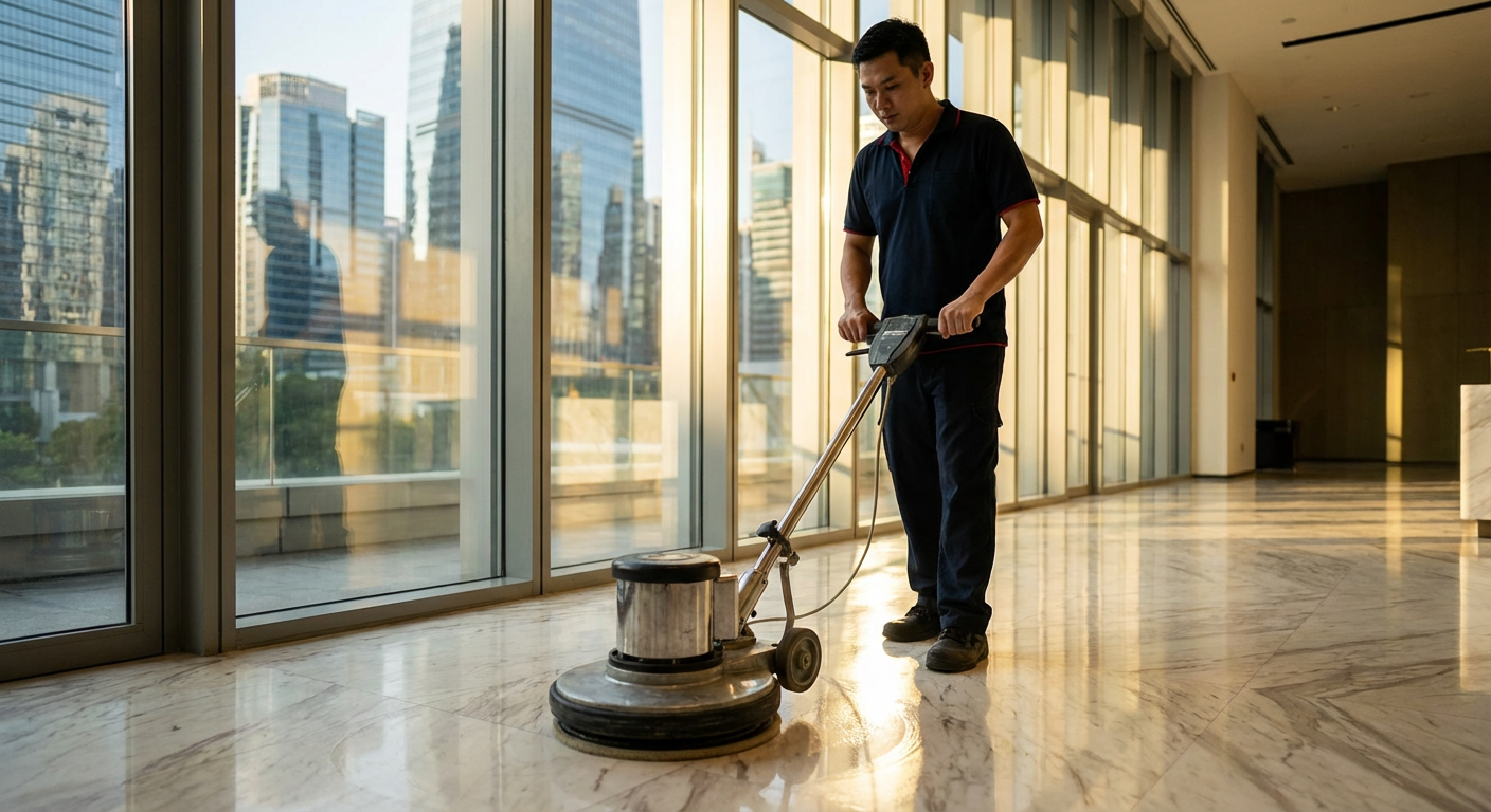 Jim-Mike technician polishing a marble lobby in a Singapore Grade-A office tower